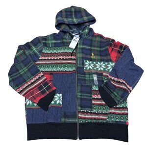 Polo Ralph Lauren Tartan Patchwork Plaid Fleece Hoodie Jacket Mens, Size L NWT